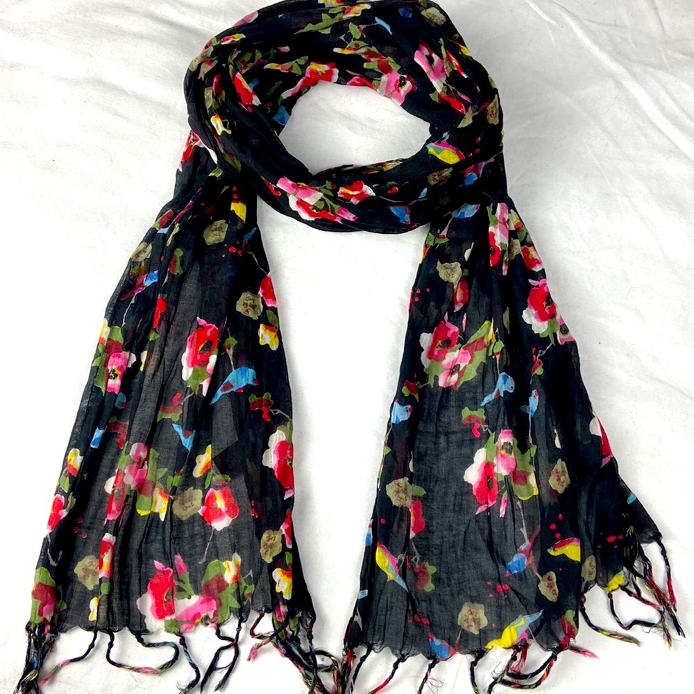 Sheer cotton black fringed, vibrant pattern colored scarf two sided